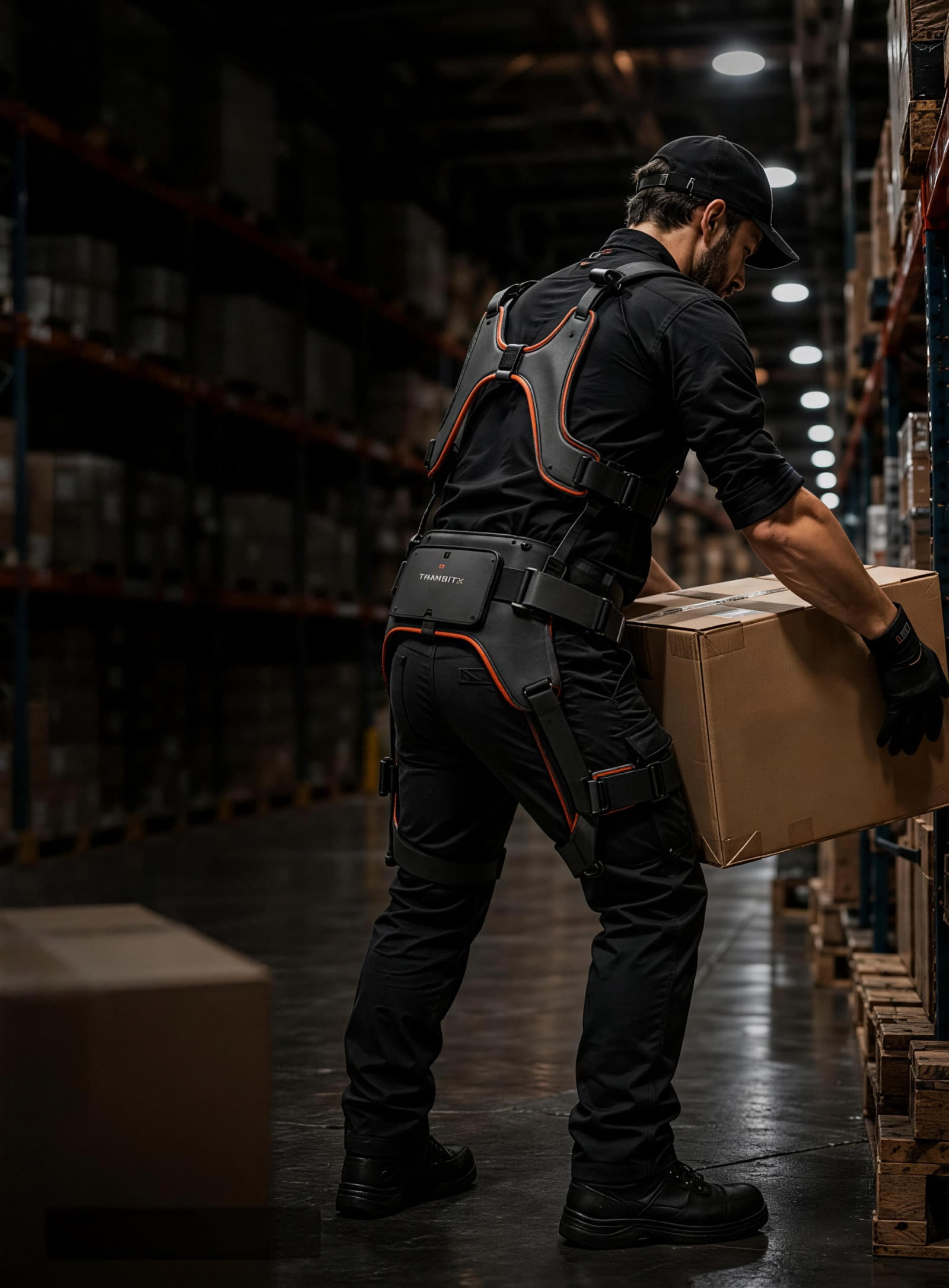 Worker lifting a box in a warehouse wearing a powered waist exosuit